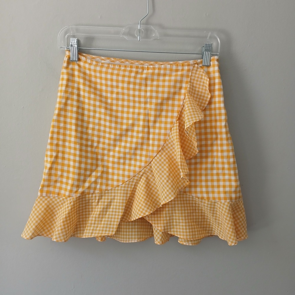 Lovers + Friends Women's Size Small Yellow‎ White Gingham Faux Wrap Mini Skirt